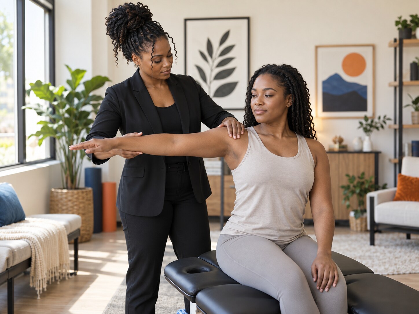 A Black chiropractor carefully assessing a Black patient's mobility