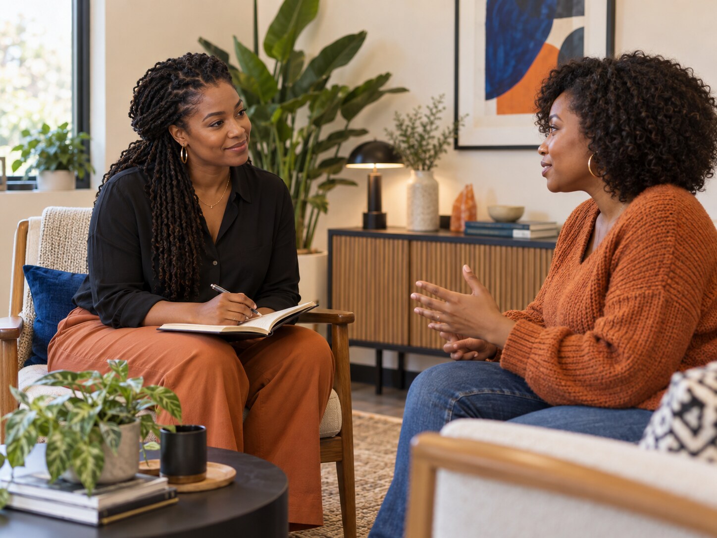 A Black wellness practitioner listening carefully to a Black woman during a consultation