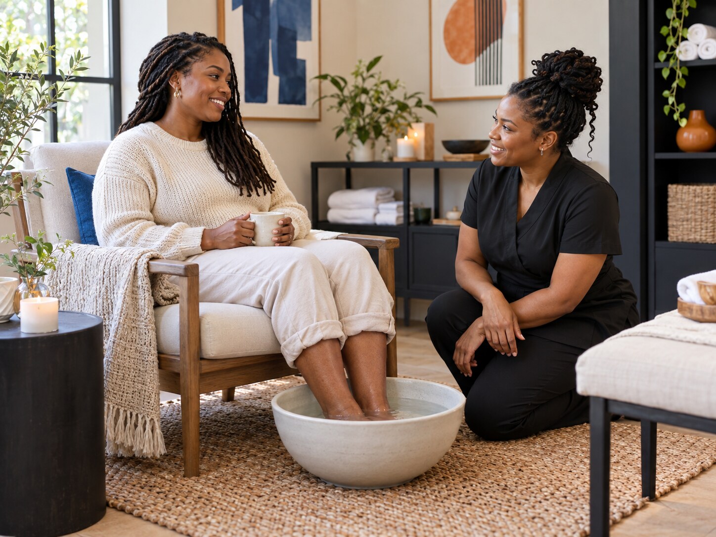 A Black wellness client enjoying a comfortable foot soak with attentive support