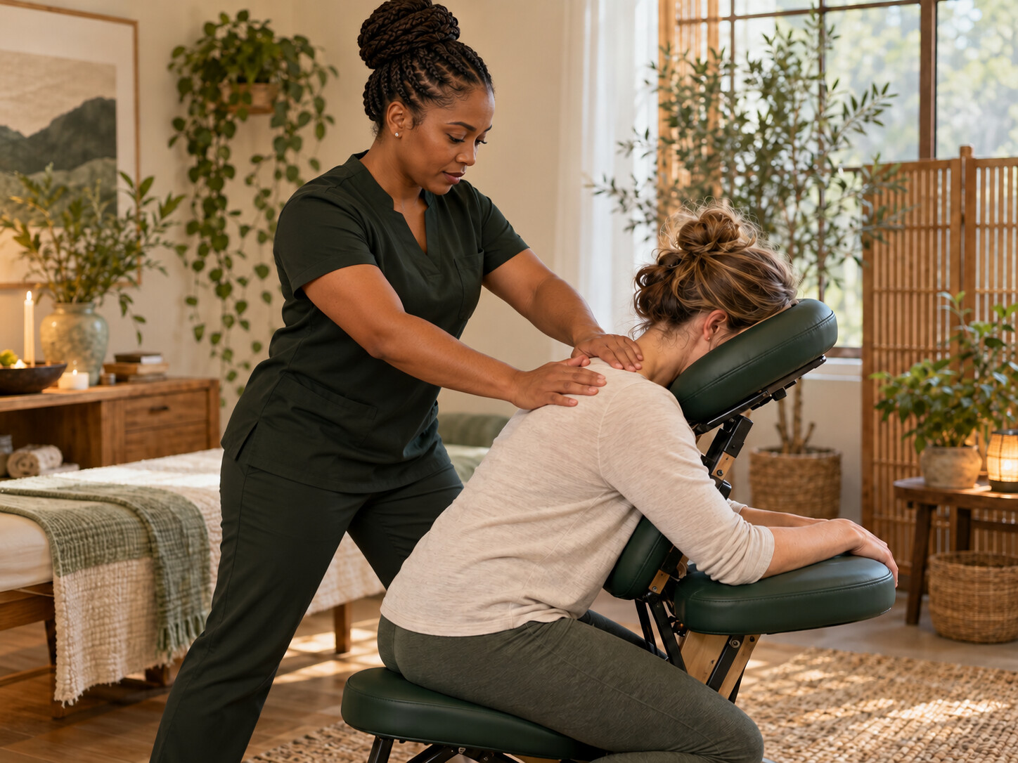 A Black woman practitioner providing professional seated body care to a White client
