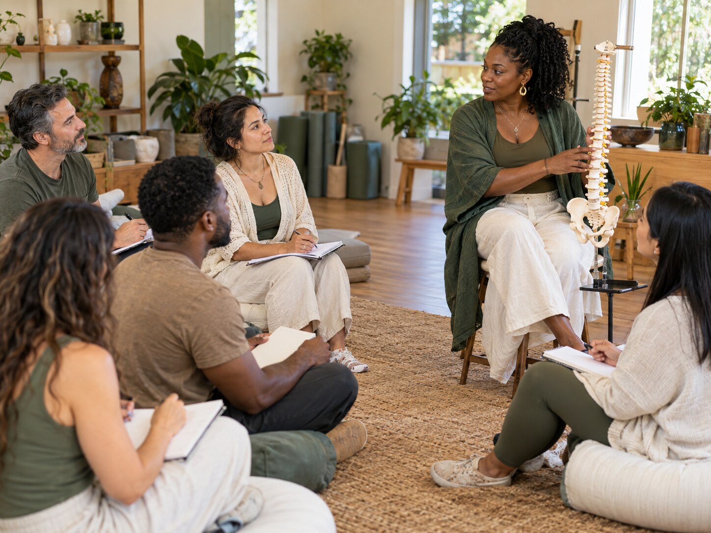 A Black wellness educator leading a racially diverse group learning session